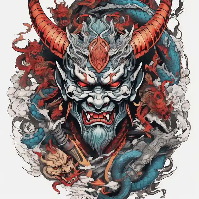 watercolor style tattooDescriptions.aged-tattoos-on-elderly.title about Back Tattoo with An Oni With a broken mask and a Sword and Dragons & snakes aged tattoos on elderly